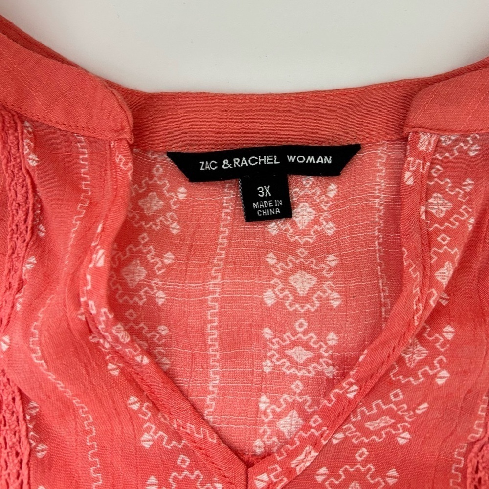 ZAC & RACHEL BOHO PEASANT TOP, CROCHET INLAY, CORAL Sz. 3X. LIGHT, AIRY, DRAPE - Picture 7 of 10